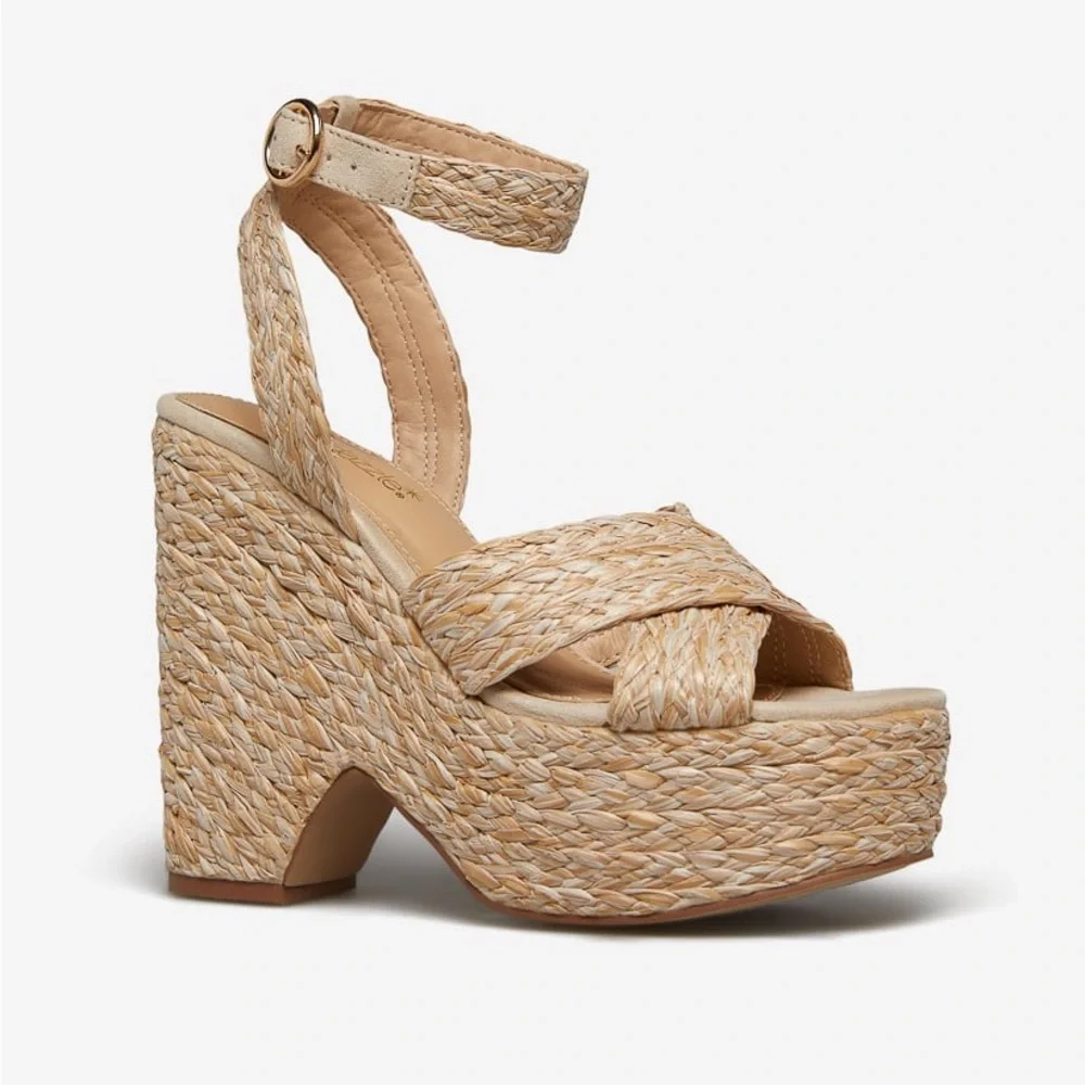 Shoedazzle Raffia Platform Wedge Ankle Strap‎ Size 10